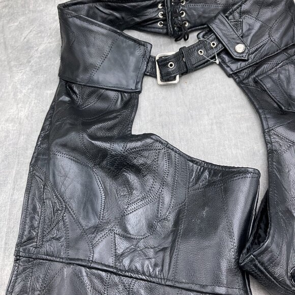 Unbranded Chaps Adult Medium Black Leather Patchwork Buckle Lace Up Zip VTG - Picture 3 of 11
